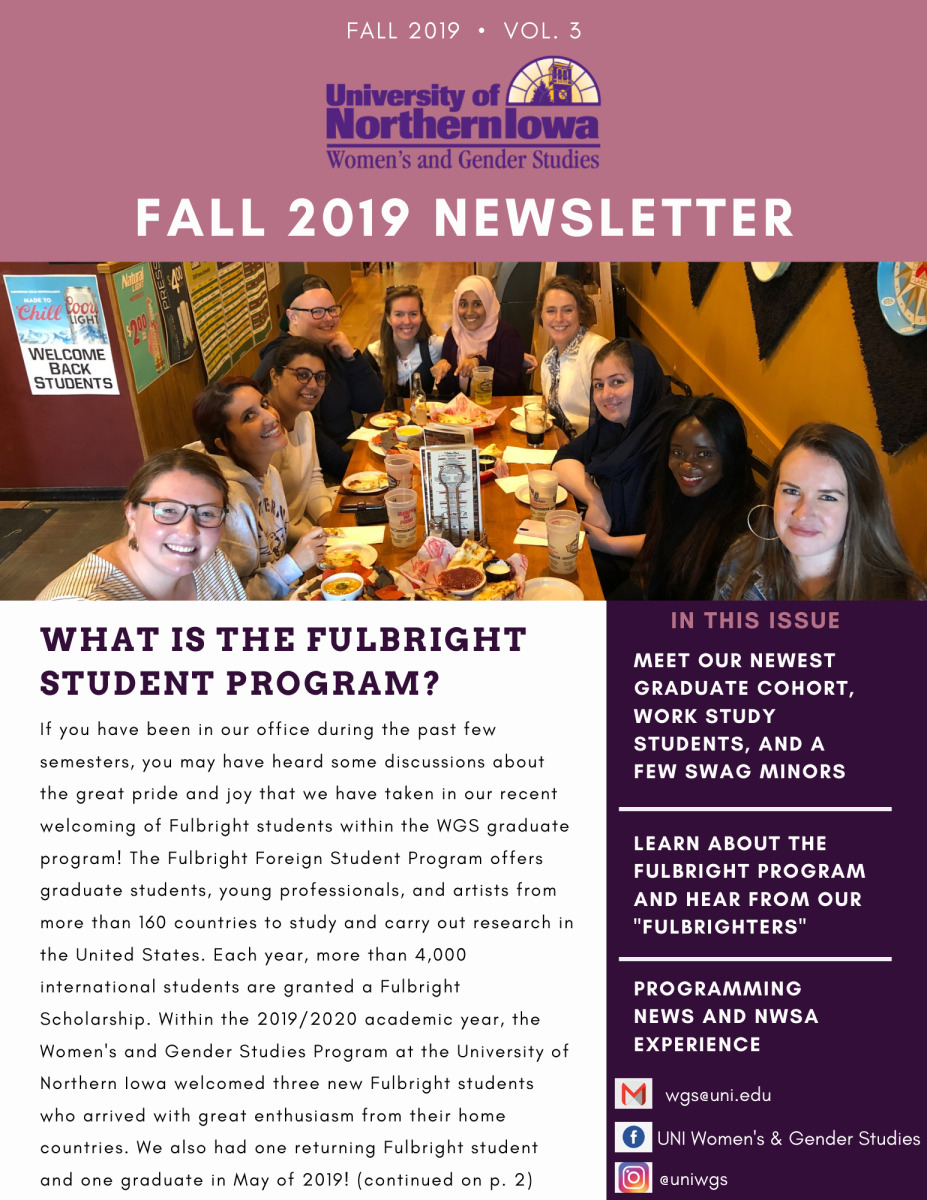 Newsletter cover page, University of Northern Iowa on top, a picture of WGS students and faculty in a restaurant underneath it. 