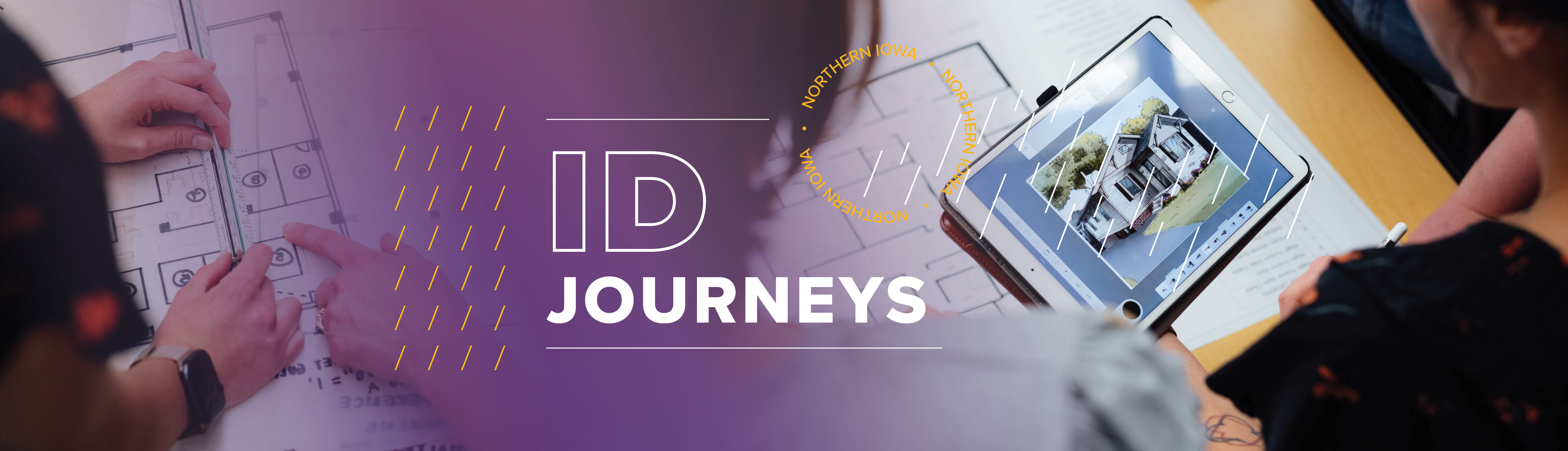 ID Journeys - text with photos of students overlooking interior design plans