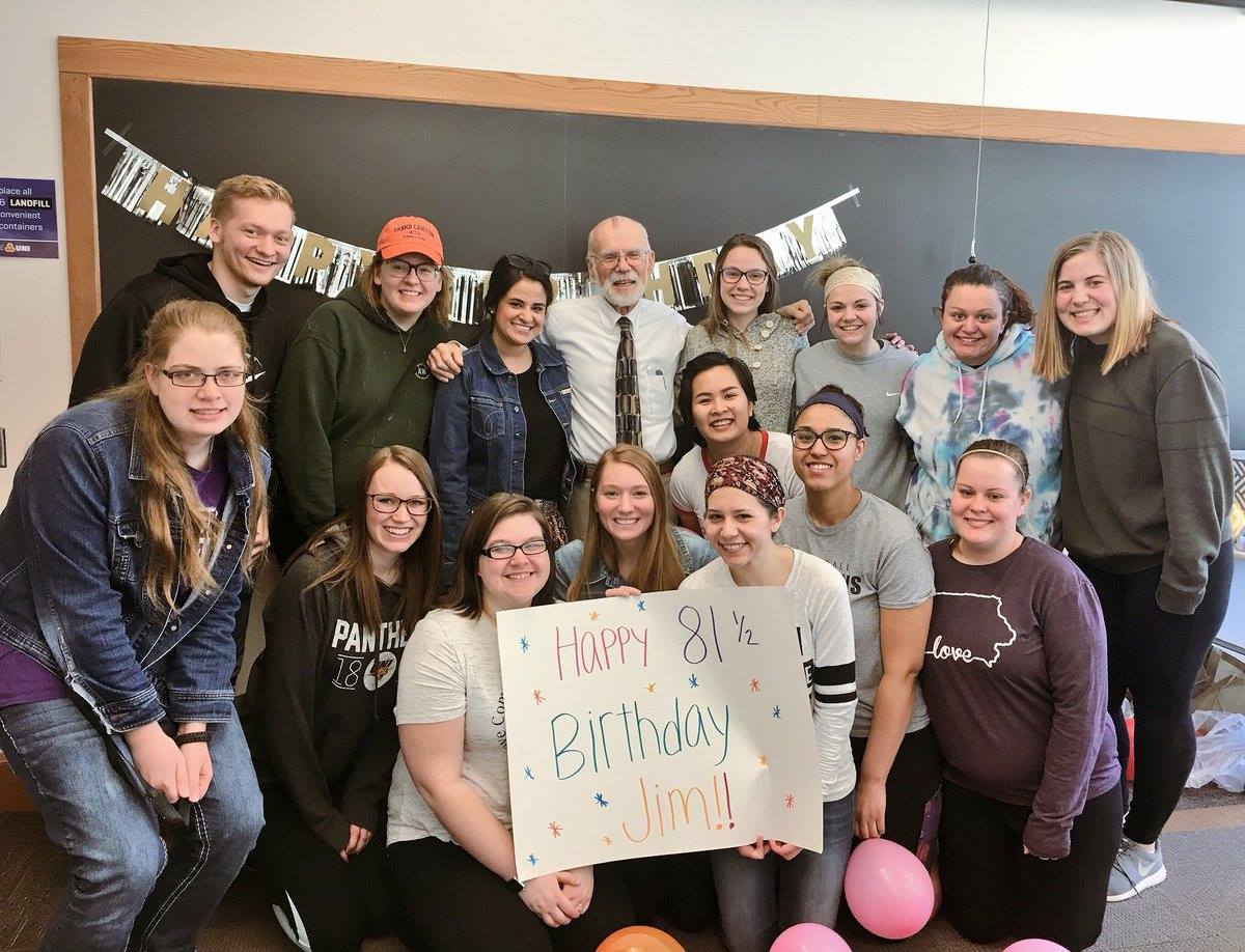 Jim and students at 81.5 birthday part