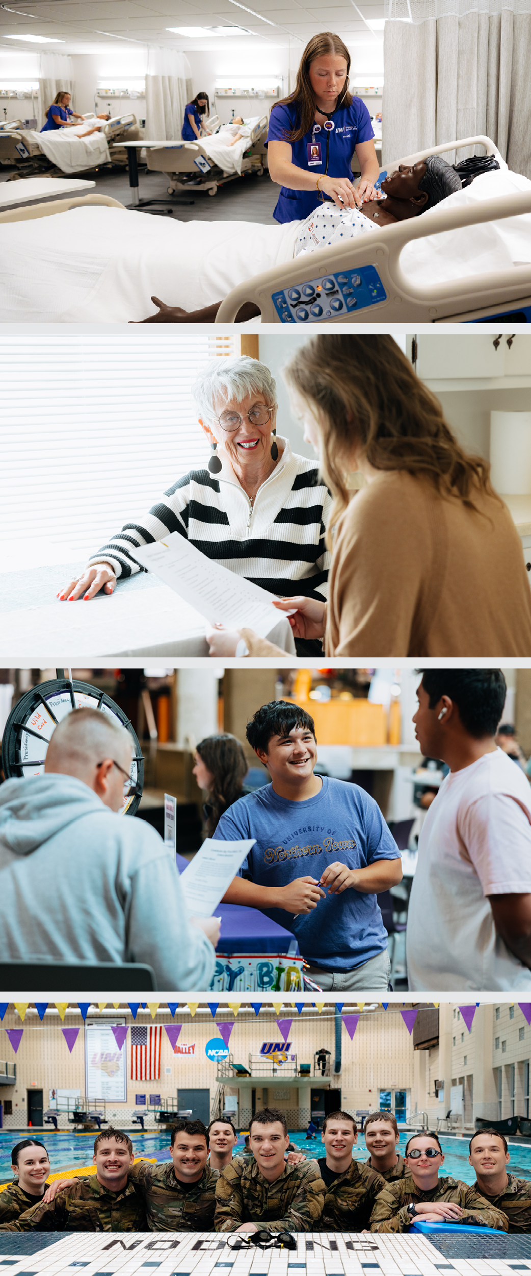 Nursing students with simulation manikins; gerontology student with aging adult in Dementia Simulation House; student at Constitution Day, Center for Civic Education Event, ROTC students during training in WRC pool 