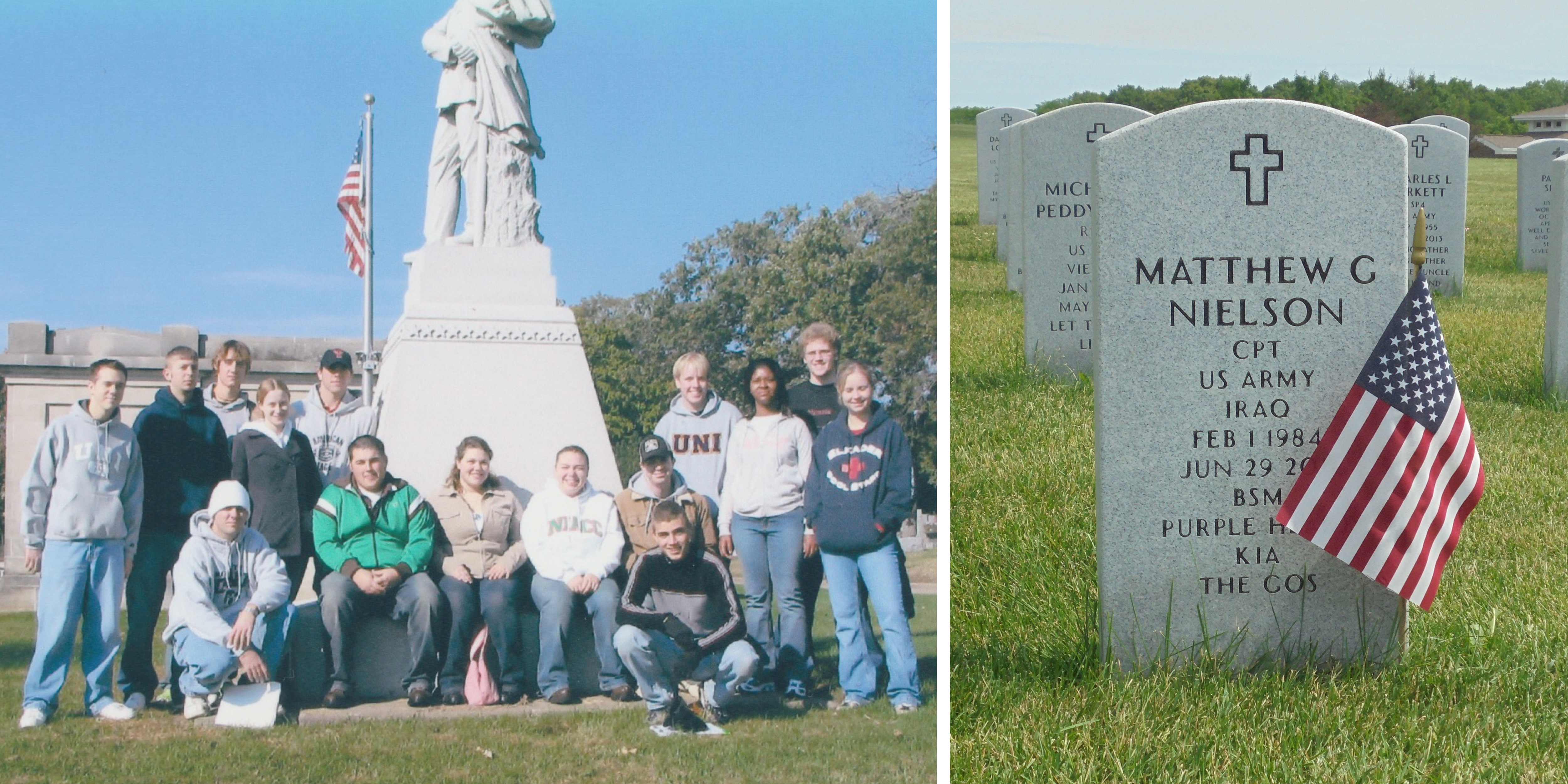 Photos of Nielson with Intro to History Class in 2005 and grave