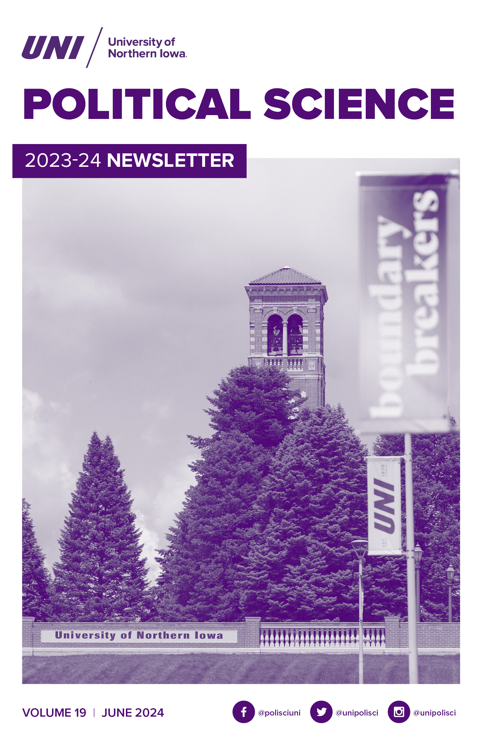 Cover of the Political Science Newsletter,  photo of campanile with University of Northern Iowa wall and banners in the foreground