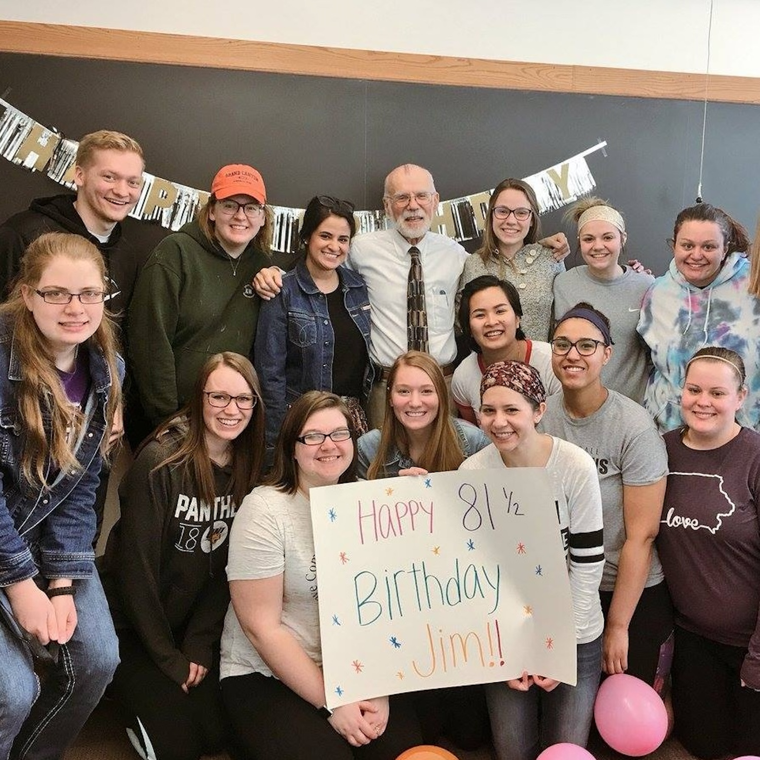 Jim and students during birthday party