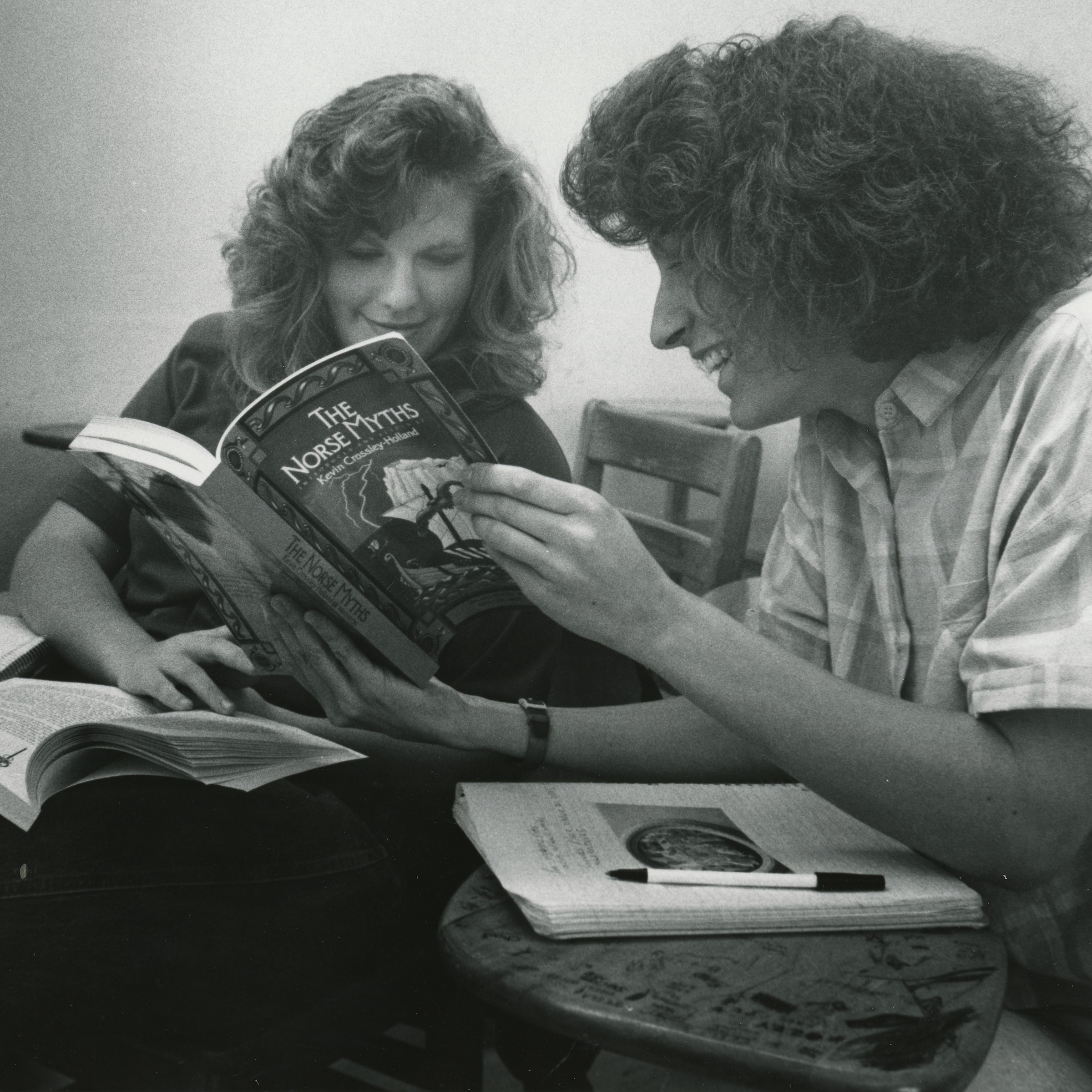 Two women looking over book "The Norse Myths" “FI0030199,” , 1985 by UNI Special Collections & University Archives/Fortepan IA