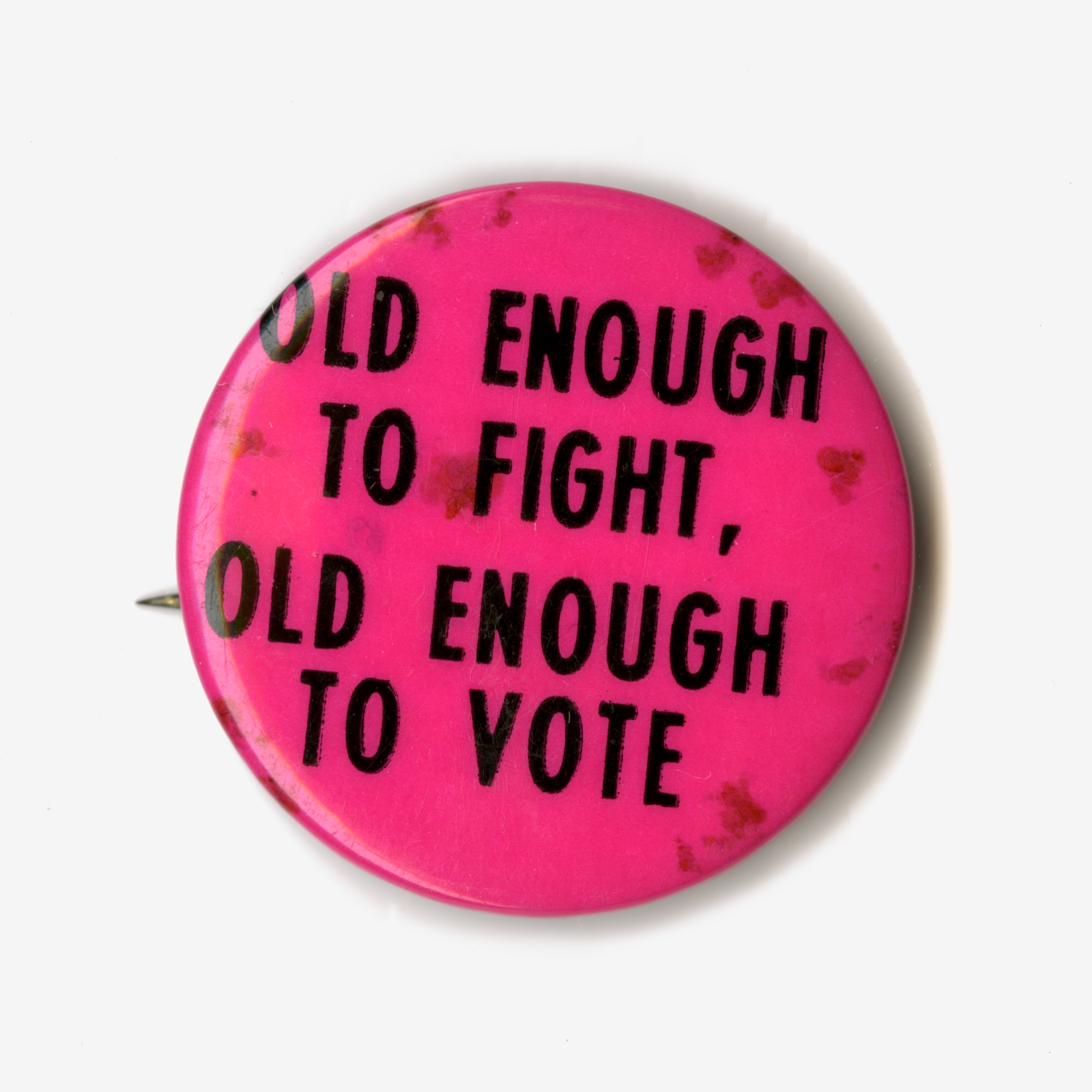 Pink button reading "Old enough to fight, old enough to vote" “FI0030337,” , 1970 by Unnamed contributor/Fortepan IA