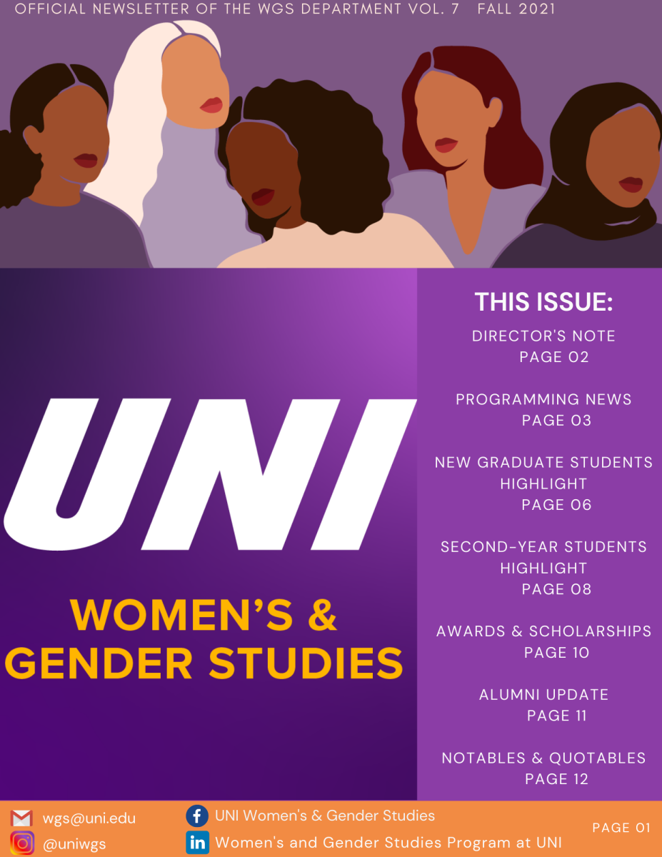 Newsletter cover page, an abstract drawing of five different women, underneath it is the University of Northern Iowa logo, on the right the title This issue titles