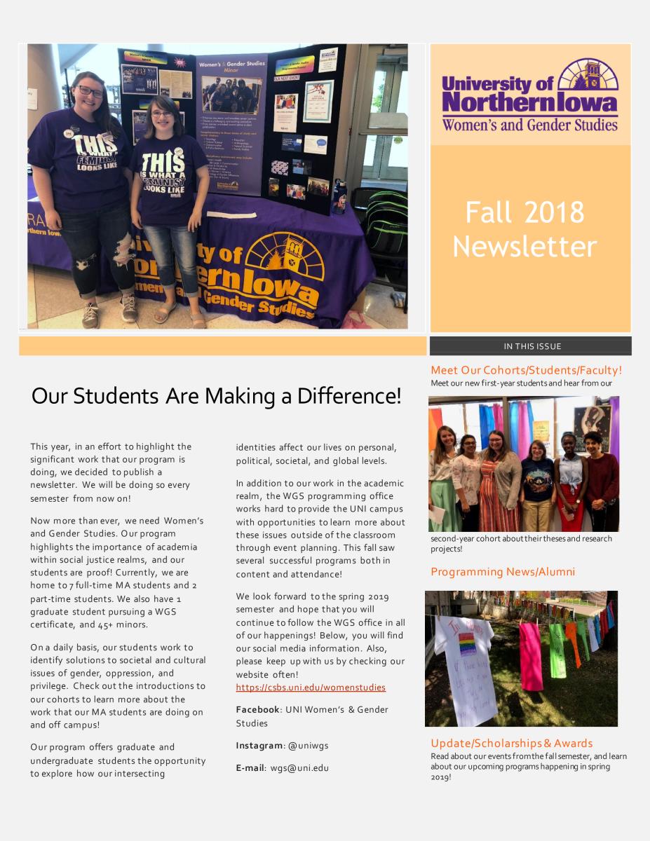 Newsletter cover page with the University of Northern Iowa logo on the right, and a picture of WGS students on the left