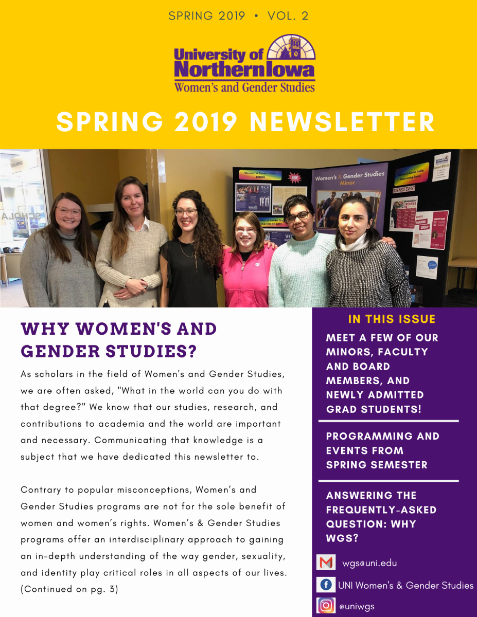 Newsletter cover page with the University of Northern Iowa logo on top, with a picture of WGS students underneath it