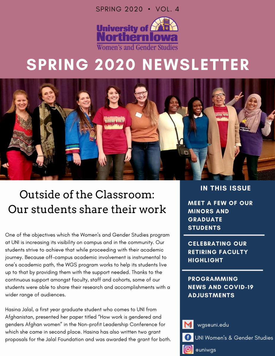 Newsletter cover page, on top the University of Northern Iowa logo, underneath it is a picture with the WGS students