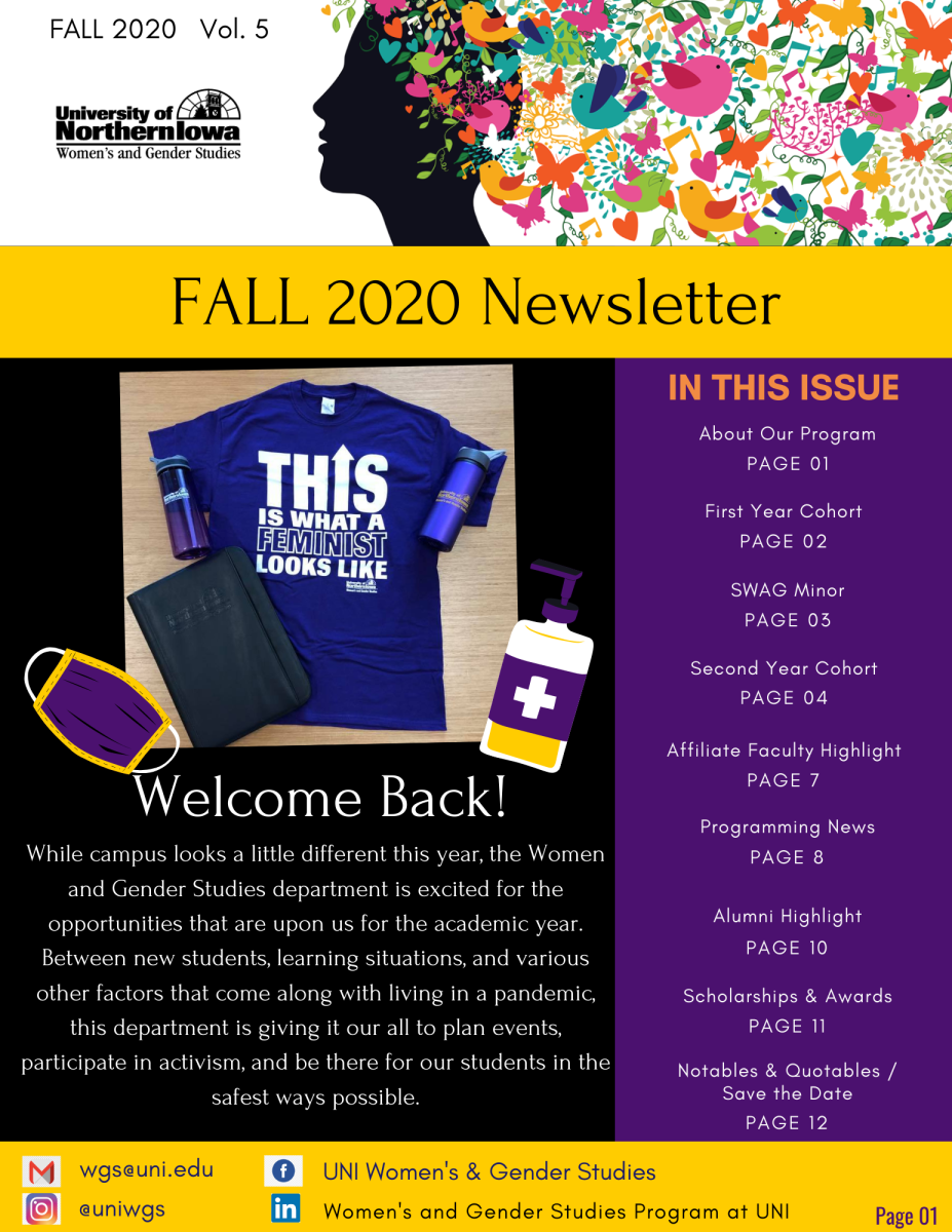 Newsletter cover page with the University of Northern Iowa logo, underneath it is a shirt that says This is what a feminist looks like